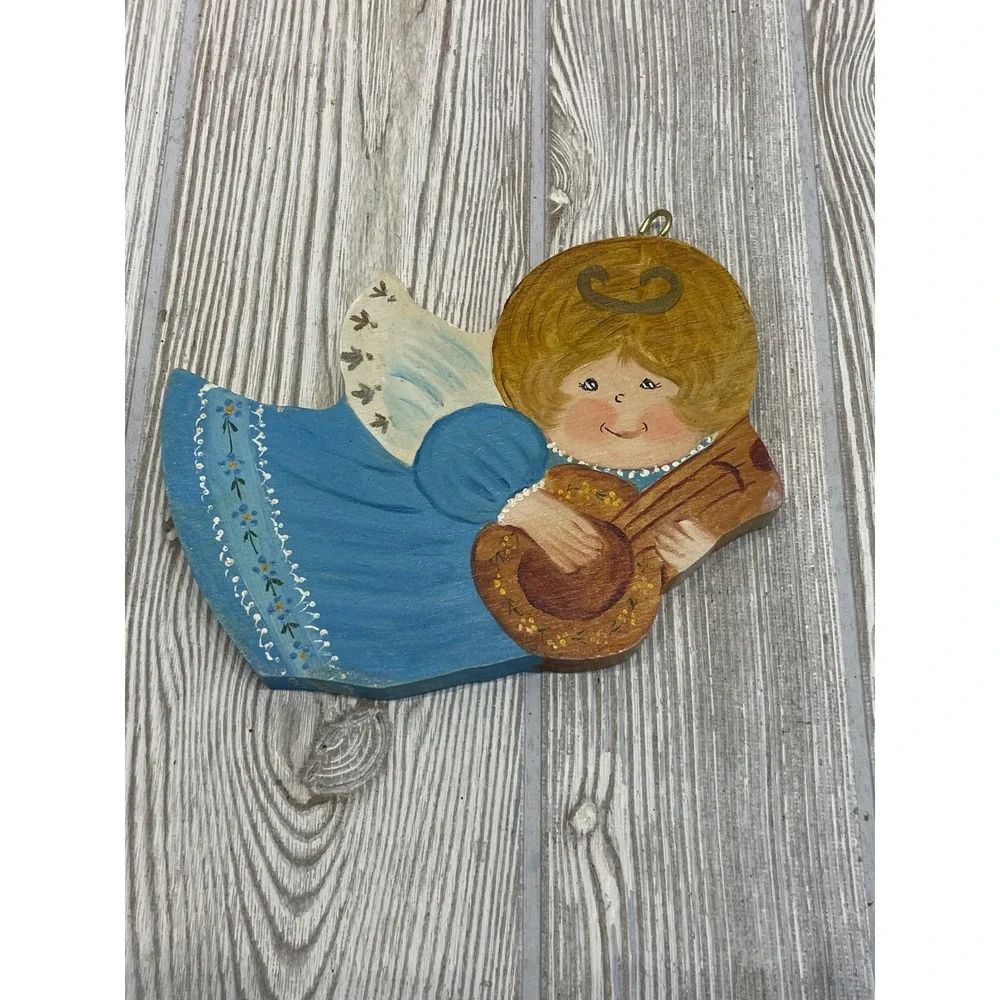 Vintage Hand Painted Wooden Angel Ornaments Set of 3 Folk Art Christmas Decor